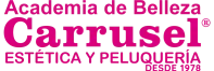 Logo principal fucsia de la Academia de Belleza Carrusel®. Estética y Peluquería